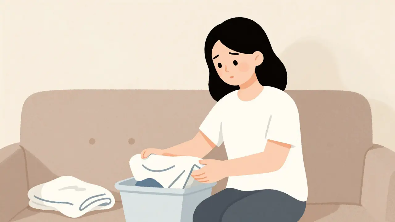 A woman folds laundry, her body heavy with unspoken sorrow, a photo forgotten nearby.