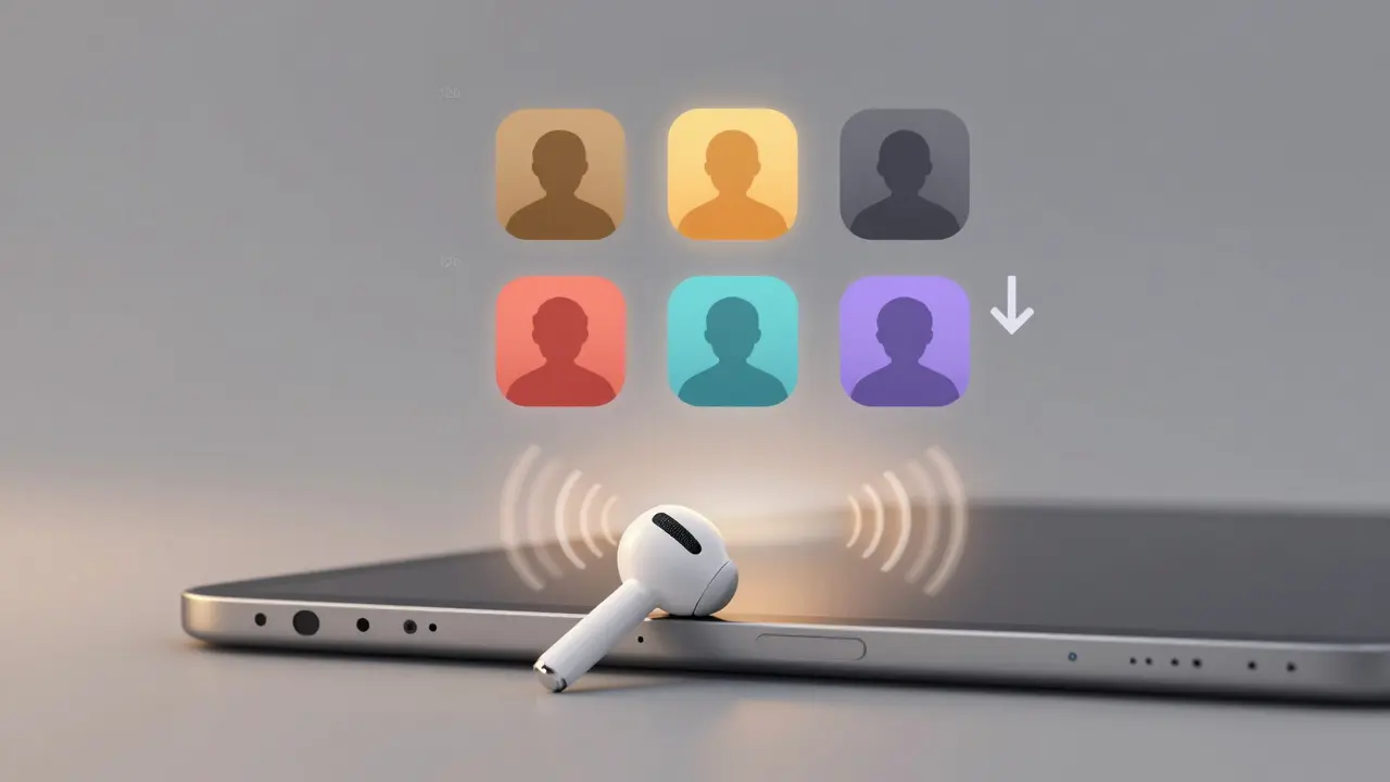 AirPods Pro emitting audio waves beside an iPad with profile icons and download indicator.