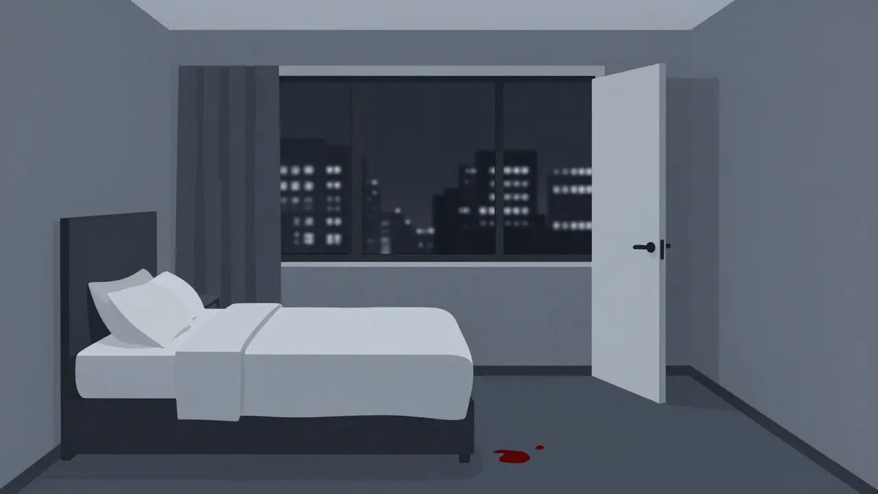 An empty hotel room with a single drop of blood on the carpet, bathed in cold monochrome tones.