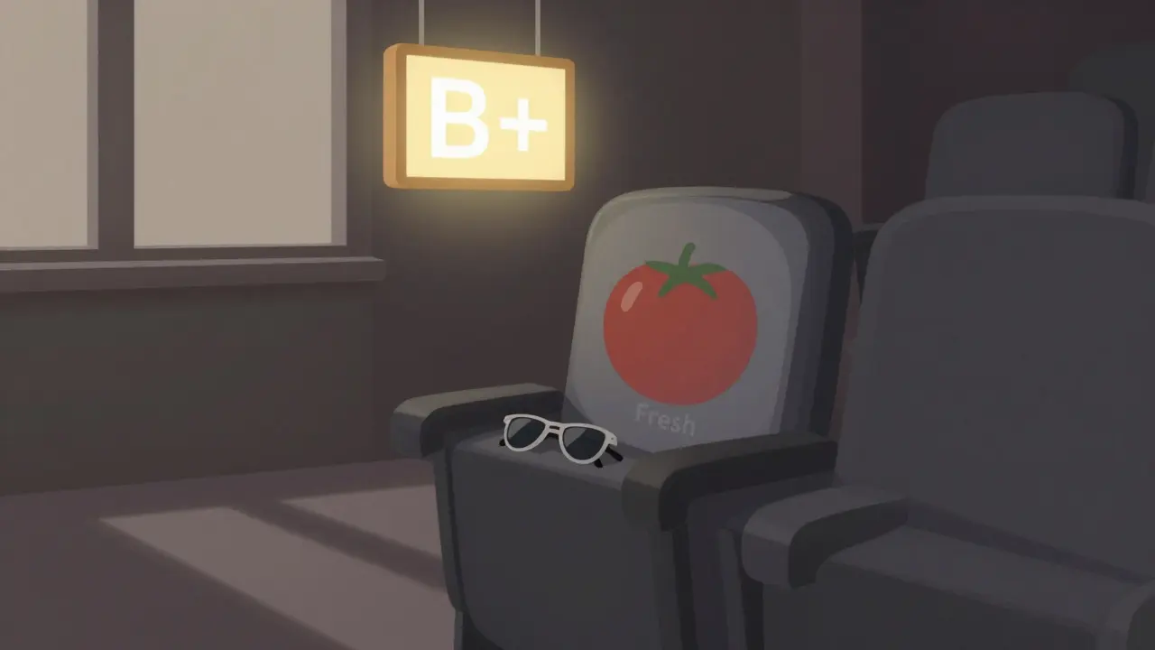 An empty theater seat with CinemaScore B+ and Rotten Tomatoes Fresh icons glowing softly above.