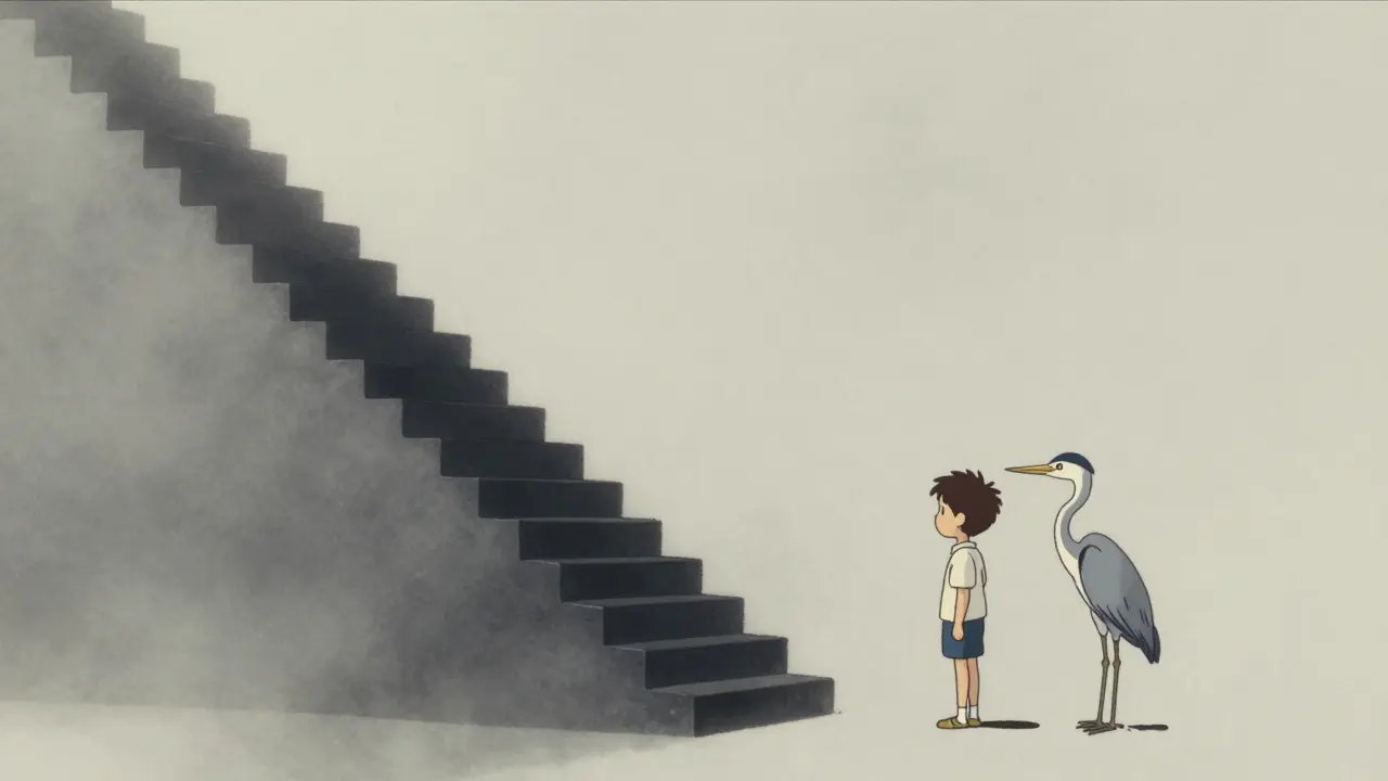 Boy standing near spiral staircase with heron bird