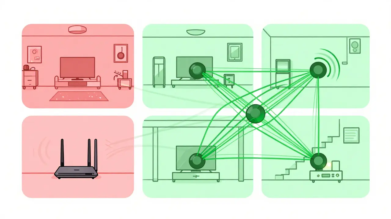 Comparison of weak single-router signal vs. strong mesh network coverage across a two-story house with walls.