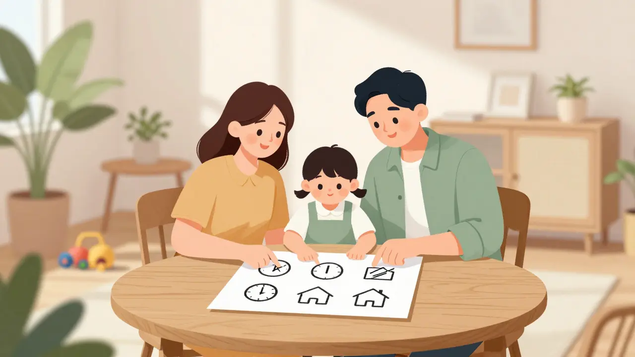 Family agrees on schedule with icon paper.