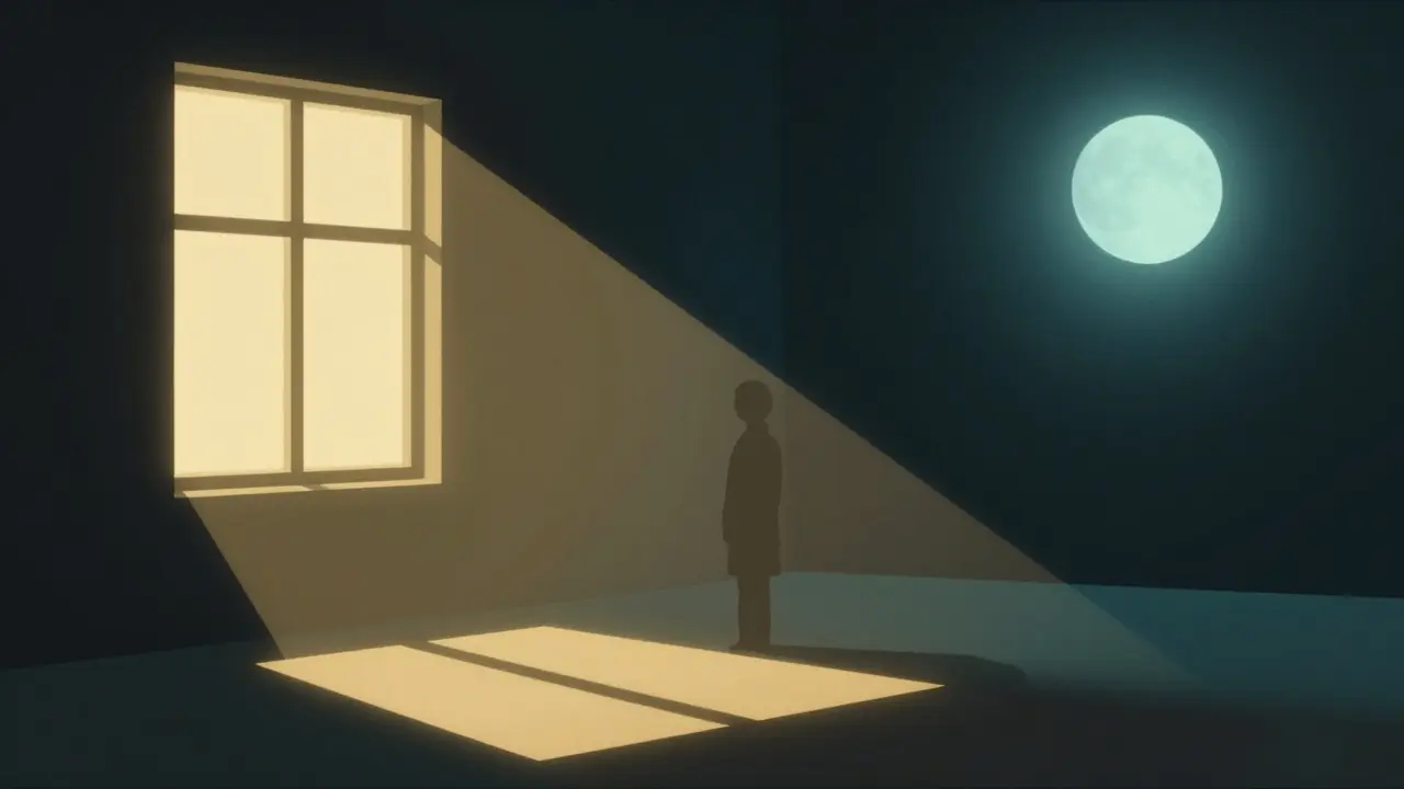 Figure in room split by warm yellow and cool blue light