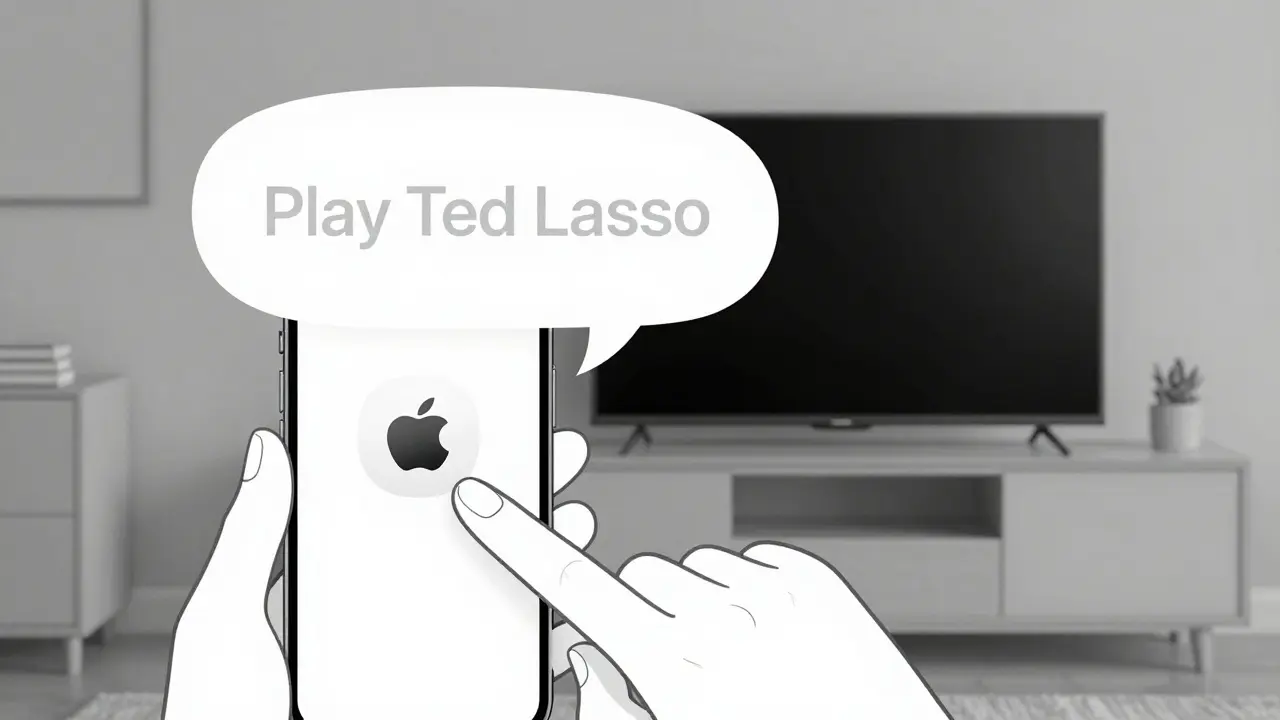 Hand tapping Siri to play a show, with the same scene appearing on a distant TV screen.