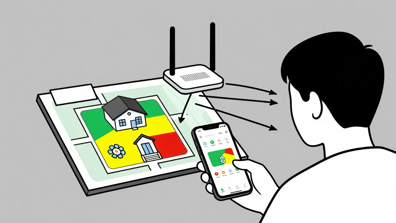 Homeowner using an app to visualize and improve Wi-Fi signal strength on a floor map with color zones.