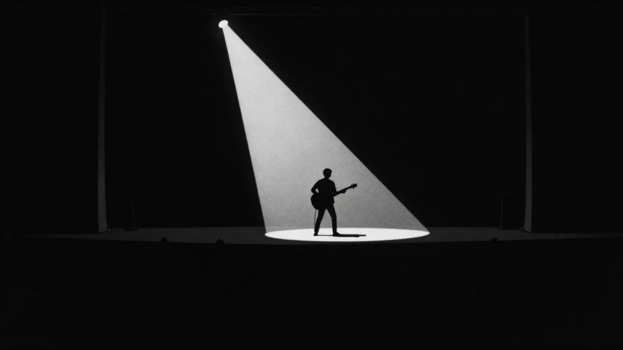Minimalist illustration of a performer on stage with stark lighting.