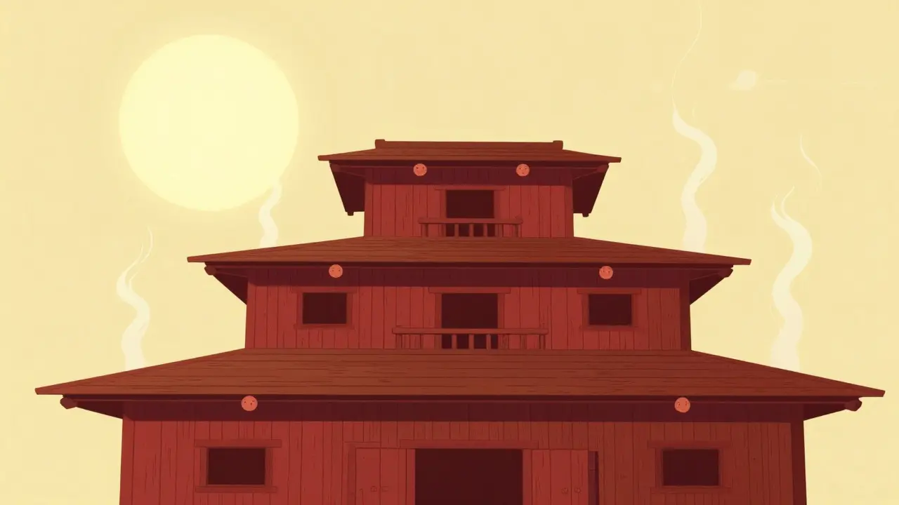 Pagoda-style bathhouse with spirit creatures outside