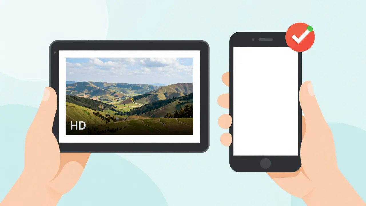 Tablet and phone side by side, one streaming HD documentary, the other Low mode sitcom.