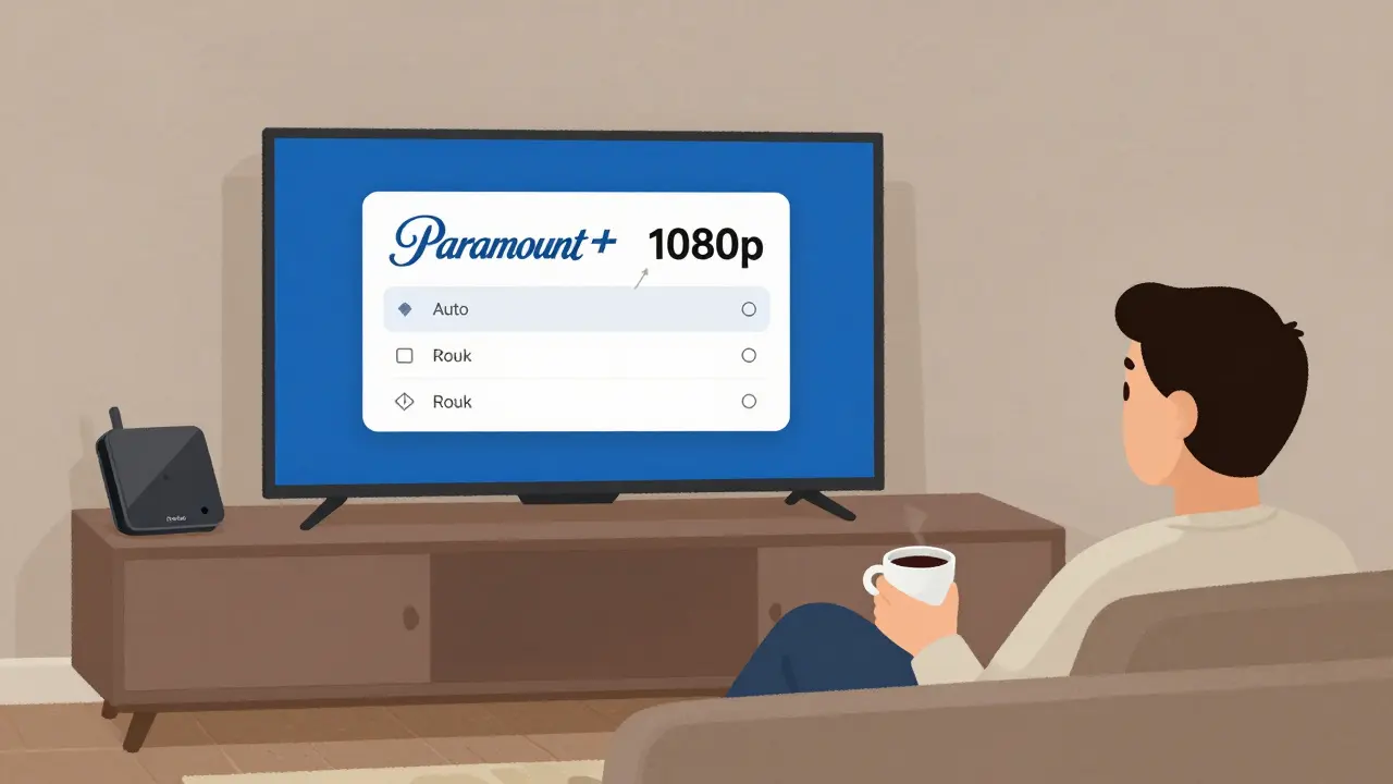 TV streaming Paramount+ on a Roku device with settings changed to 1080p in a cozy living room.