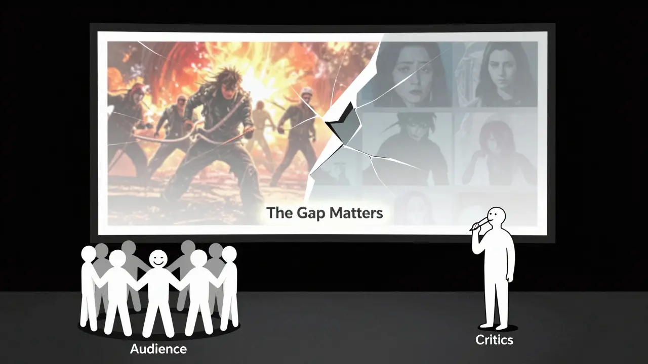 Two abstract figures representing audience and critics standing apart, with a fractured movie screen between them.