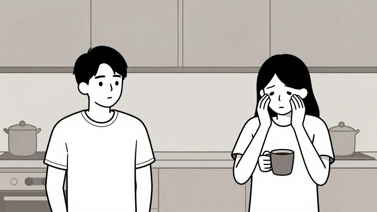 Two actors in a kitchen, one looking away, the other gripping a cup — silence speaks louder than words.