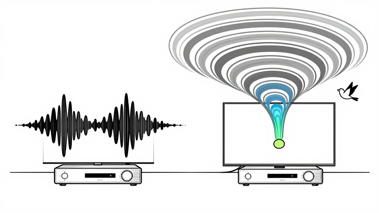 Two audio paths compared: muffled sound vs. immersive overhead sound waves with a flying bird.