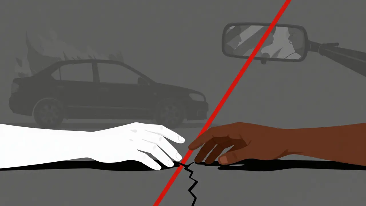 Two hands almost touching across a crack in the earth, with car and mirror reflections.