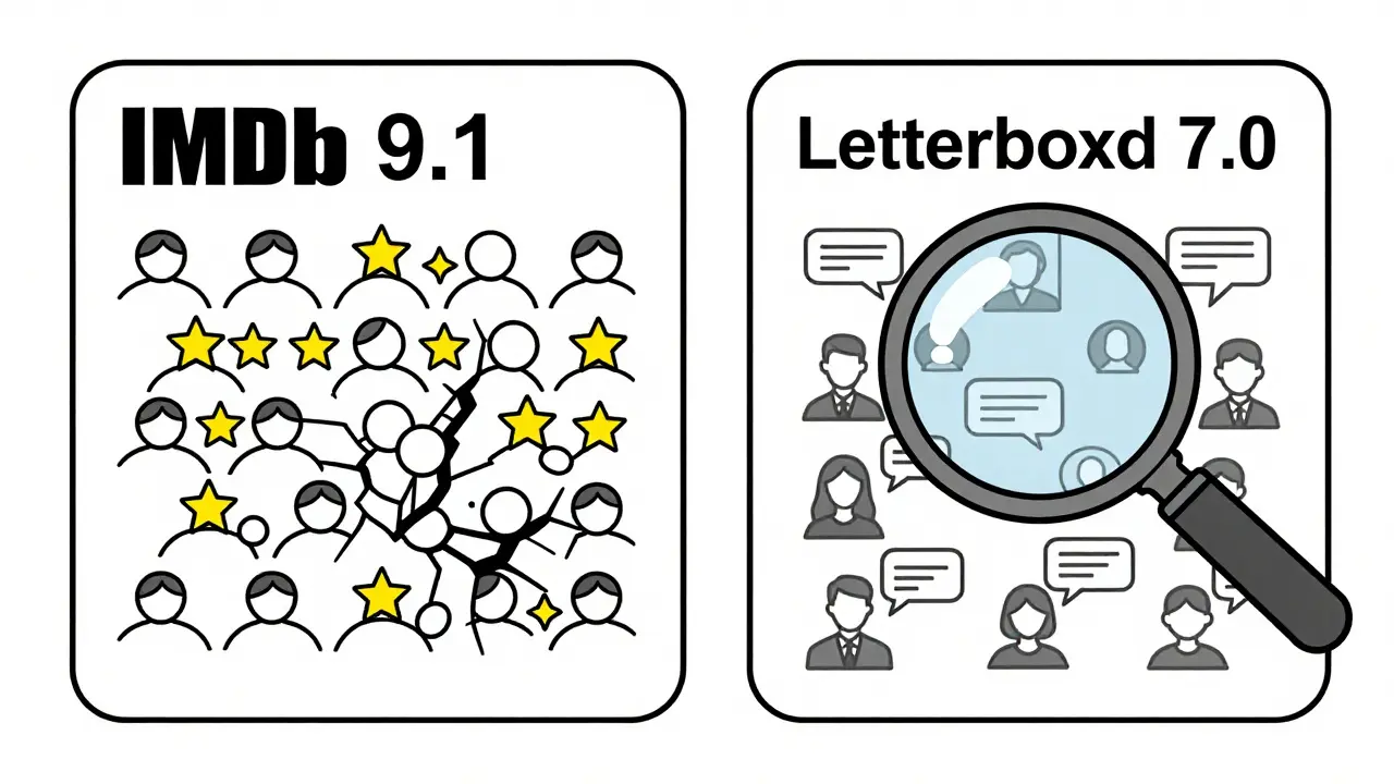 Two movie tiles side by side showing how fan crowds and diverse taste profiles affect ratings differently.