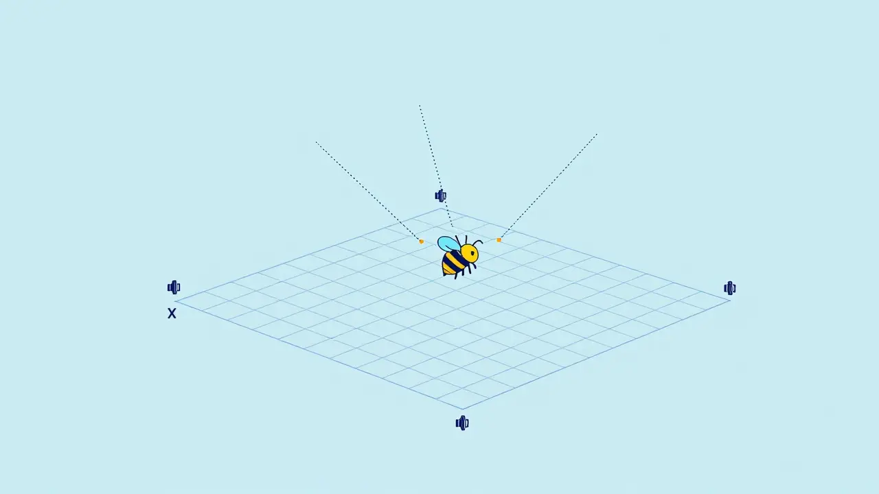 3D coordinate grid showing a bee as a sound object connected to speakers
