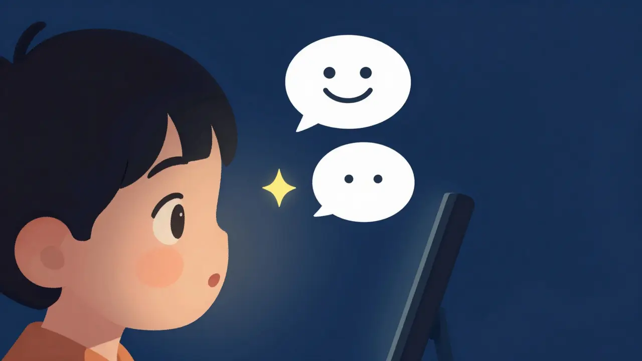 A child watching a screen with conceptual icons representing audio descriptions