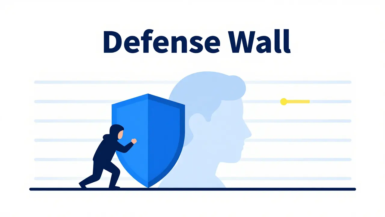 A digital shield blocking a hacker from accessing a user profile.