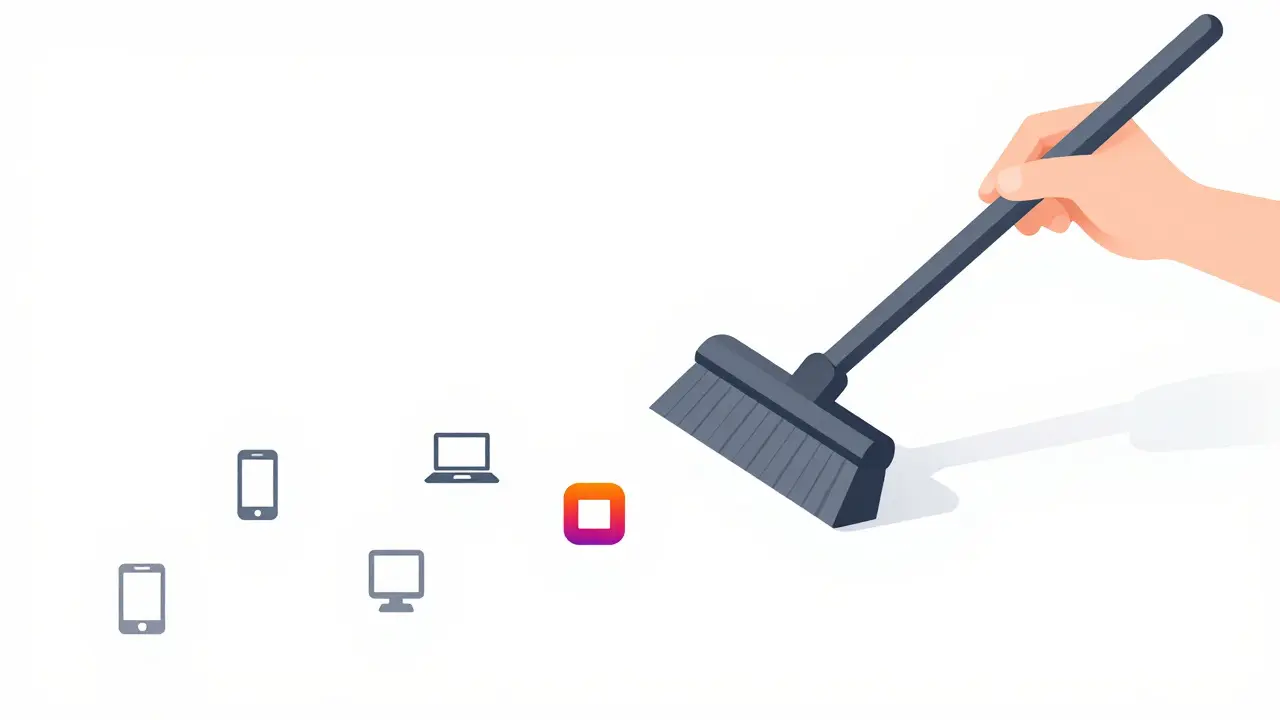 A hand sweeping away unknown device icons to secure an account.