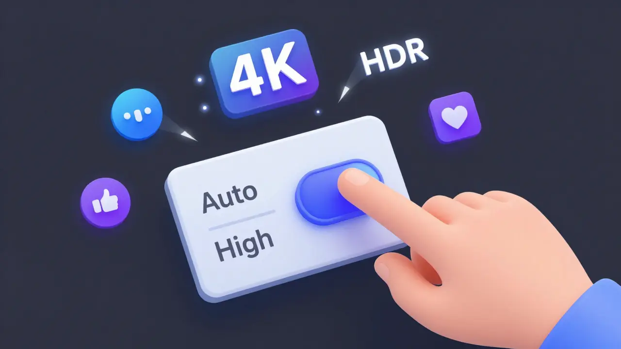 A hand switching a streaming quality setting from Auto to High on a digital menu.