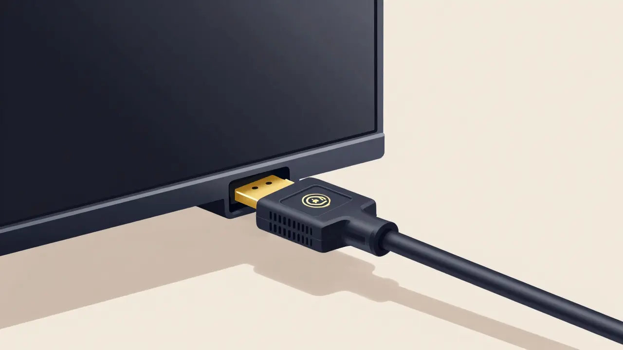 A high-speed HDMI cable being plugged into the back of a modern television.