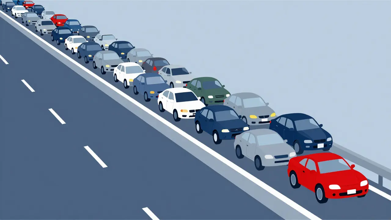 A highway traffic jam metaphor showing a small gaming packet stuck behind a long line of data traffic.