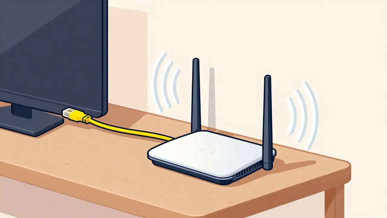 A modern Wi-Fi router and an Ethernet cable connected to a smart TV.