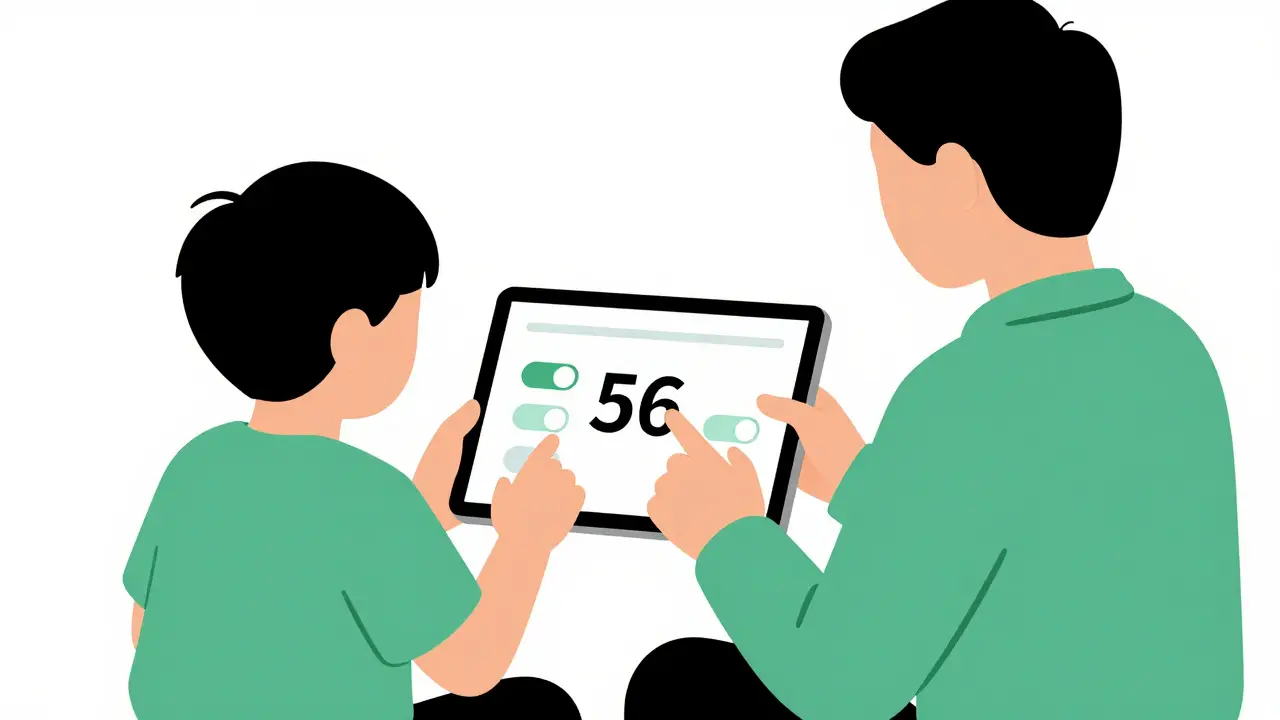 A parent and child together adjusting accessibility settings on a digital tablet