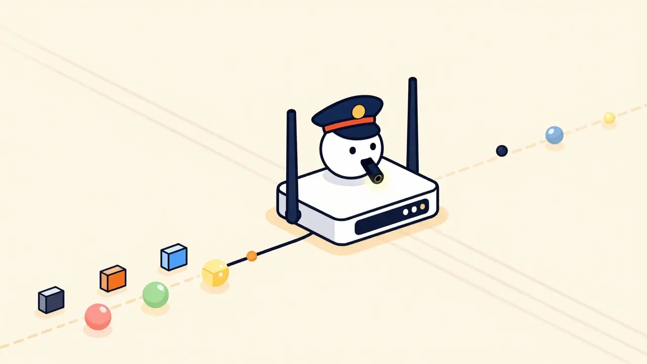 A stylized router acting as a traffic cop to organize digital data packets into fast, orderly lanes.