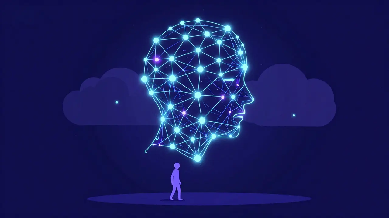 Abstract illustration of a human facing a giant network of digital AI nodes