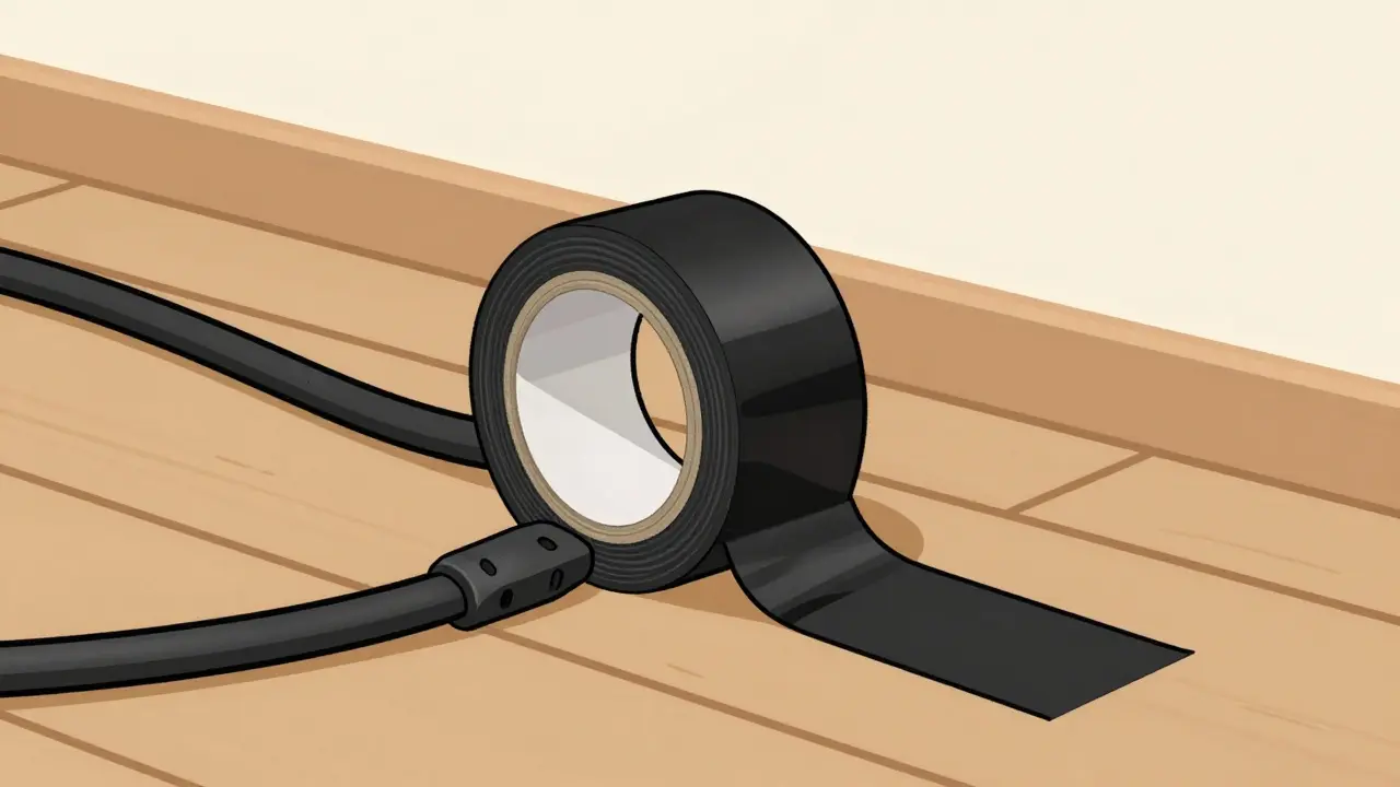 Black power cable secured to a floor with gaffer tape