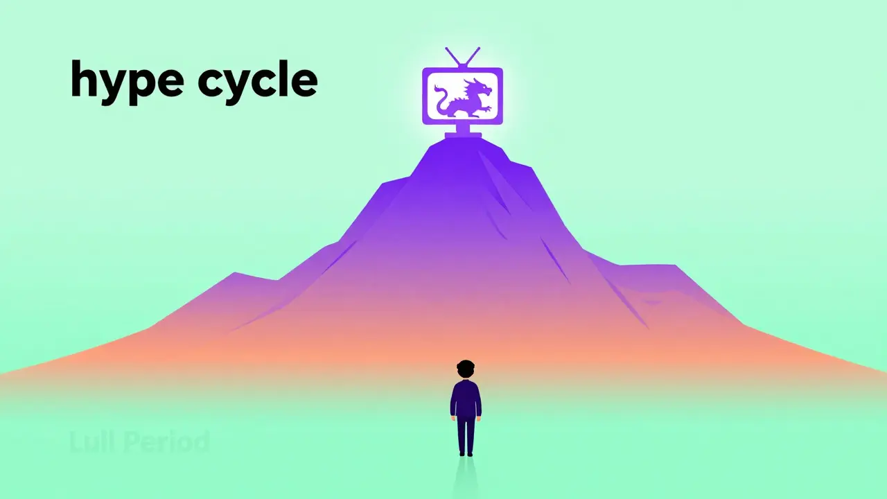 Cartoon illustration of a person avoiding a high-priced content hype cycle