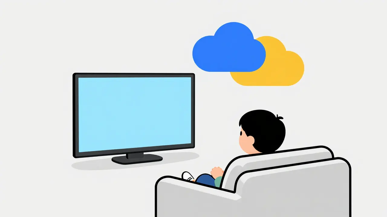 Child watching TV with floating cloud DVR storage icons