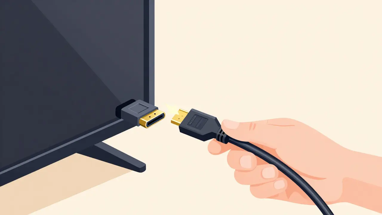 Close-up illustration of an HDMI cable being plugged into a television port.