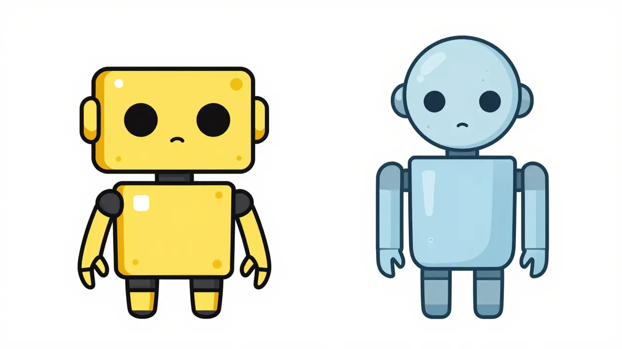 Comparison between a cute mechanical robot and an eerie humanoid android
