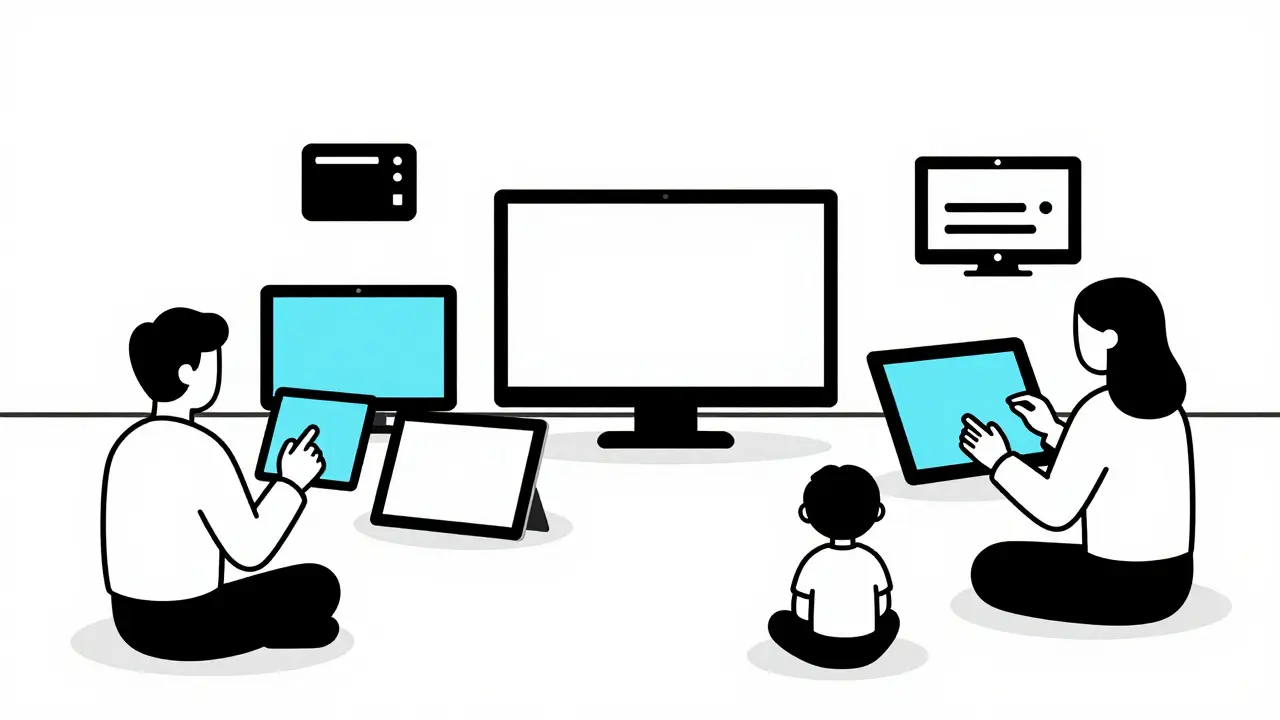 Family using multiple screens simultaneously in living room