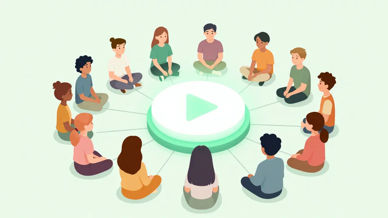 Friend avatars connected around a large glowing play button in a digital space.