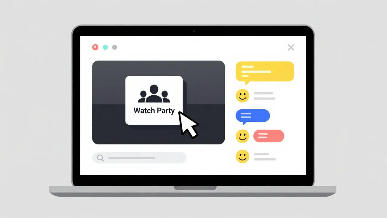 Laptop screen showing a movie with a social chat window and a Watch Party icon.