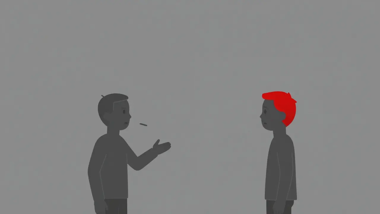 Minimalist cartoon of a speaker and a silent listener in a tense cinematic confrontation.