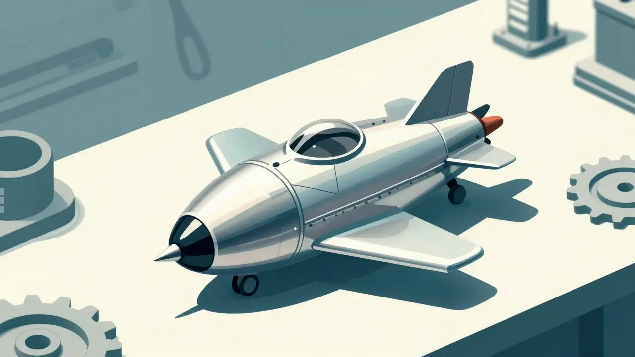 Minimalist illustration of a chrome retro-futuristic jetpack on a workbench.