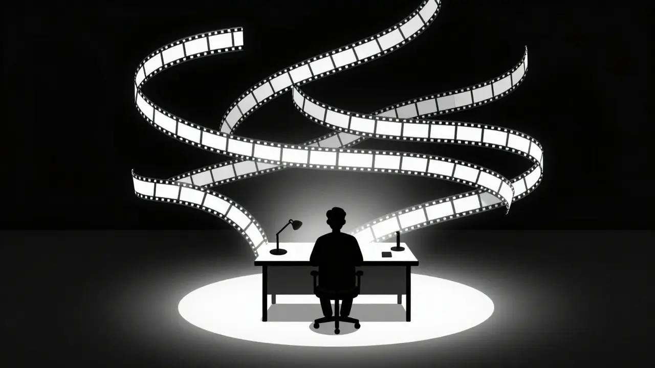 Minimalist illustration of a filmmaker trapped in a whirlpool of film strips.