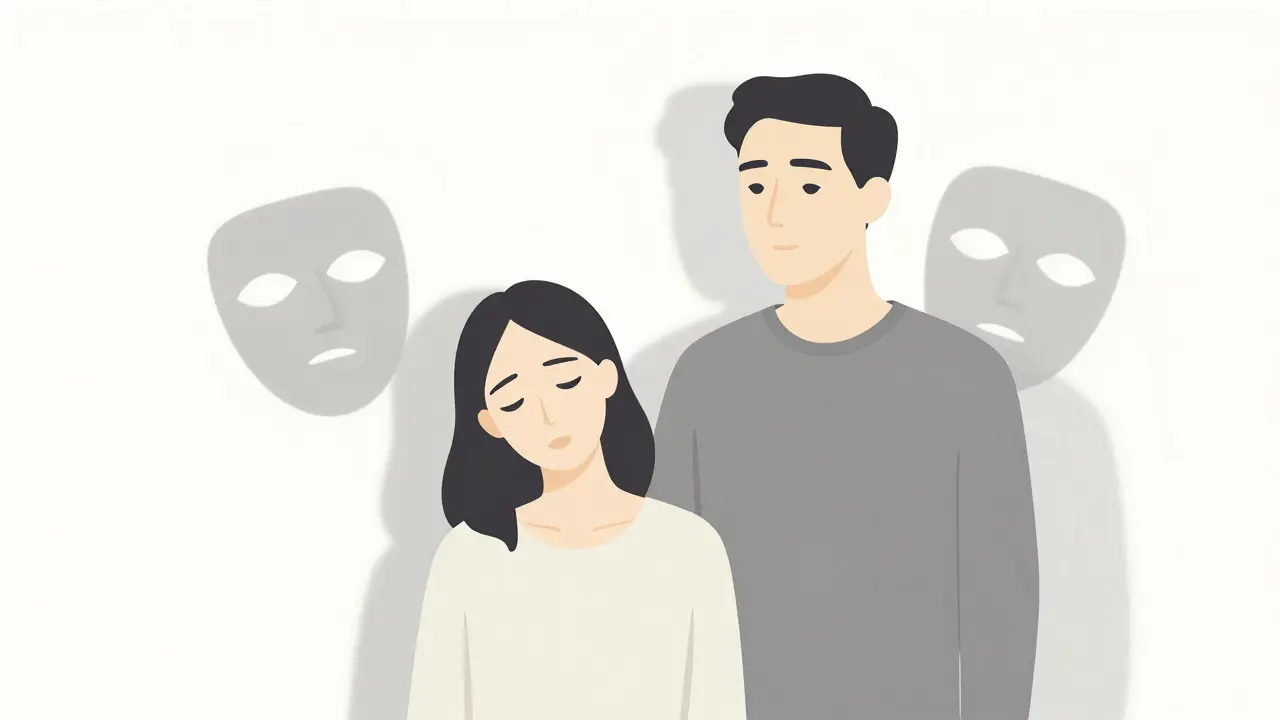 Minimalist illustration of a fragile woman and her supportive partner with mask-like shadows.