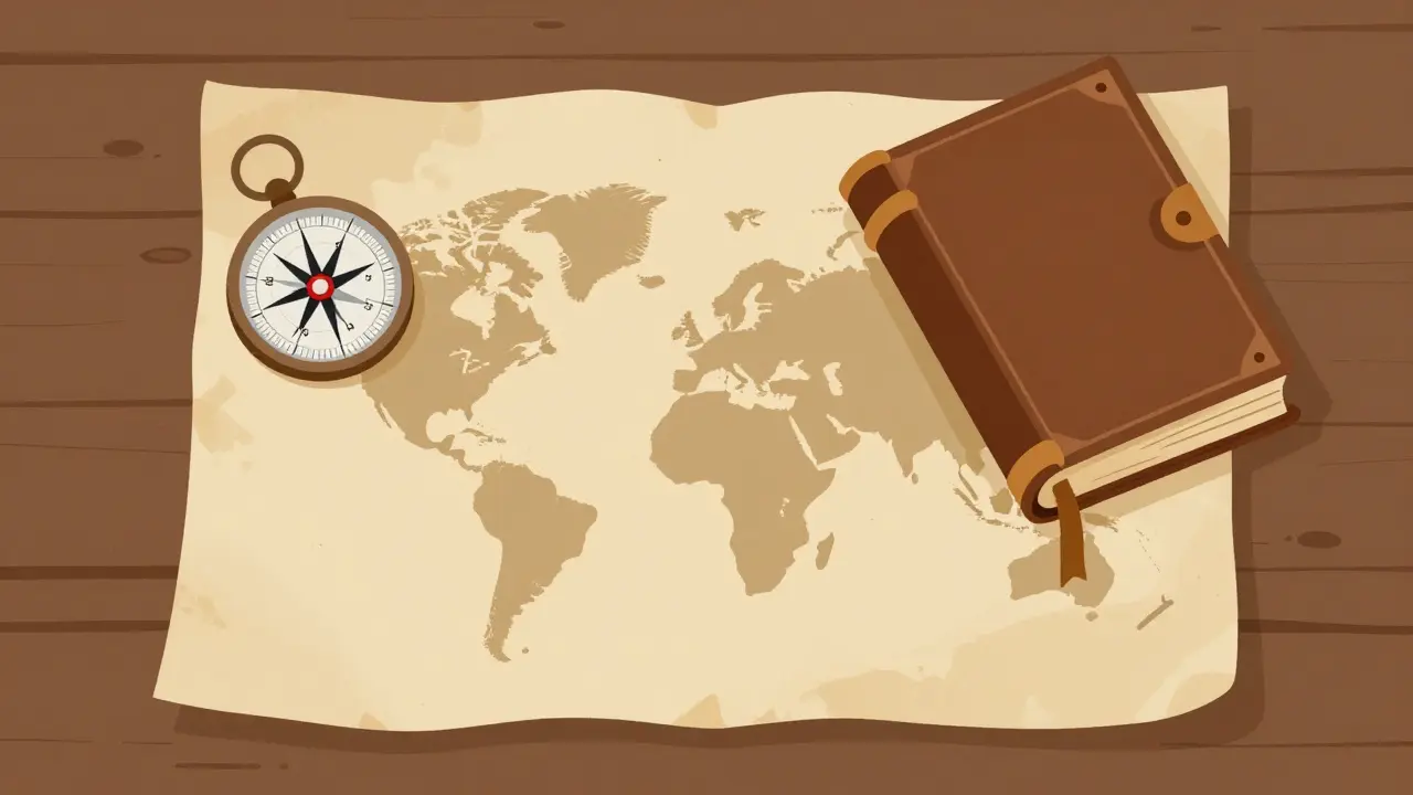 Minimalist illustration of a vintage adventure map, compass, and old book.
