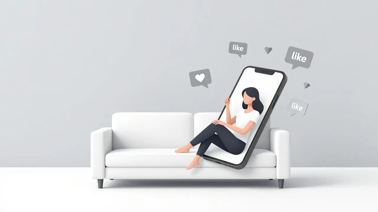 Minimalist illustration of a woman posing as sick for a smartphone camera in a sterile room.