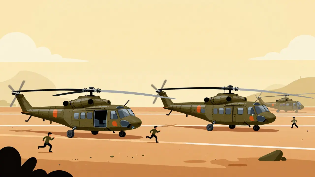 Minimalist illustration of rickety military helicopters on a muddy airfield.
