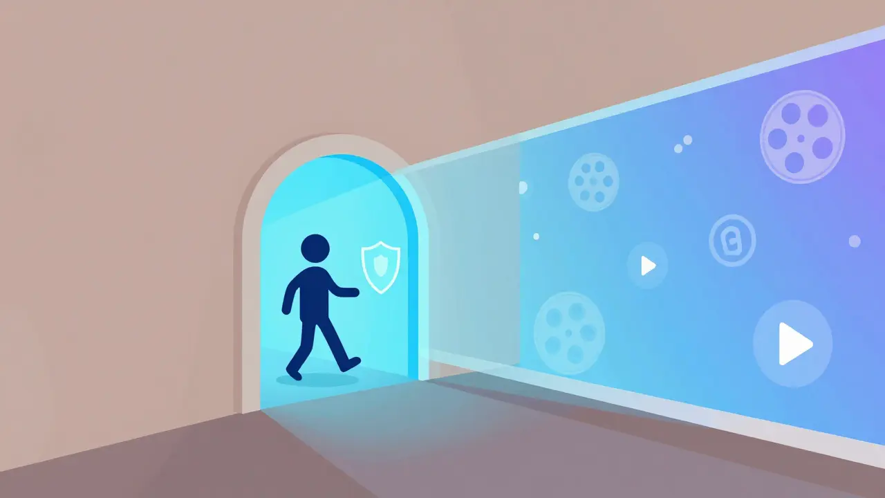 Person using a digital portal to bypass a border and access restricted content