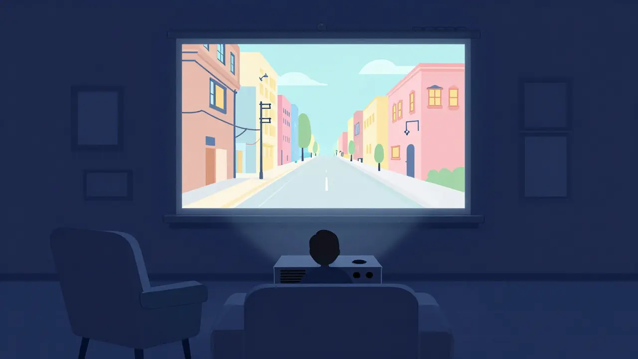 Person watching a movie projector displaying international city scenes in a cozy room.