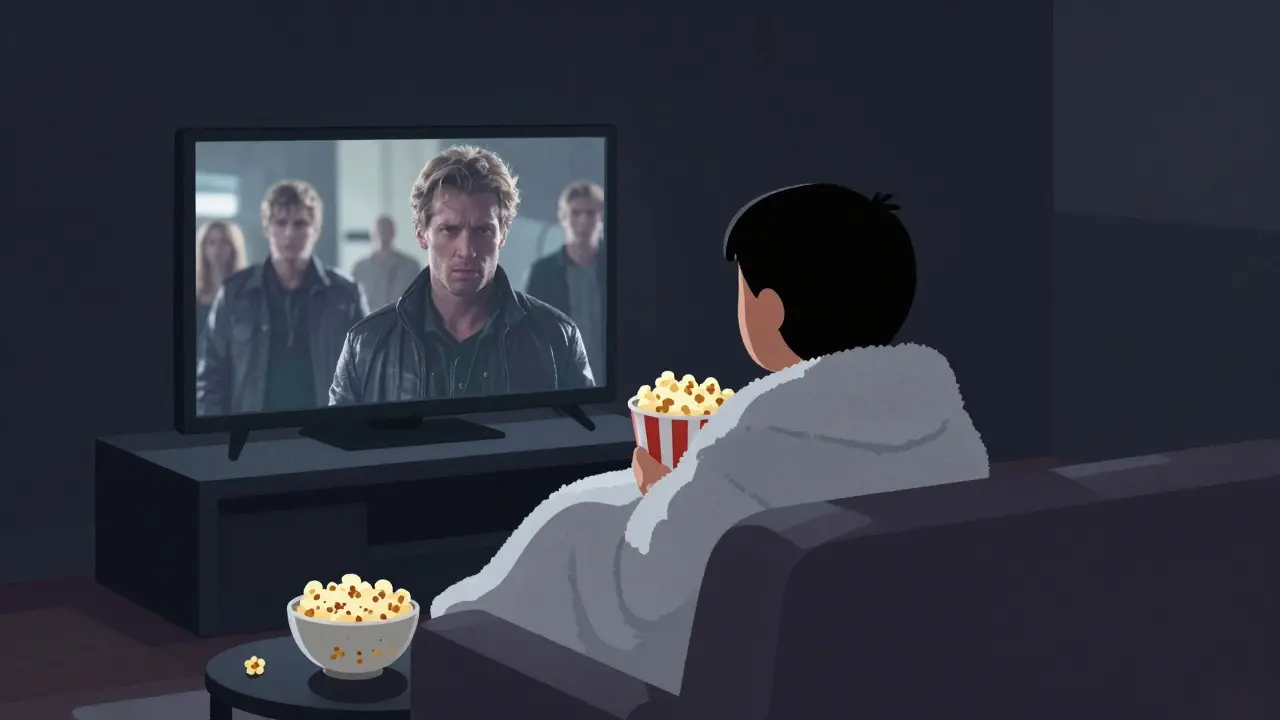 Person wrapped in a blanket binge-watching a dramatic series in a dimly lit room