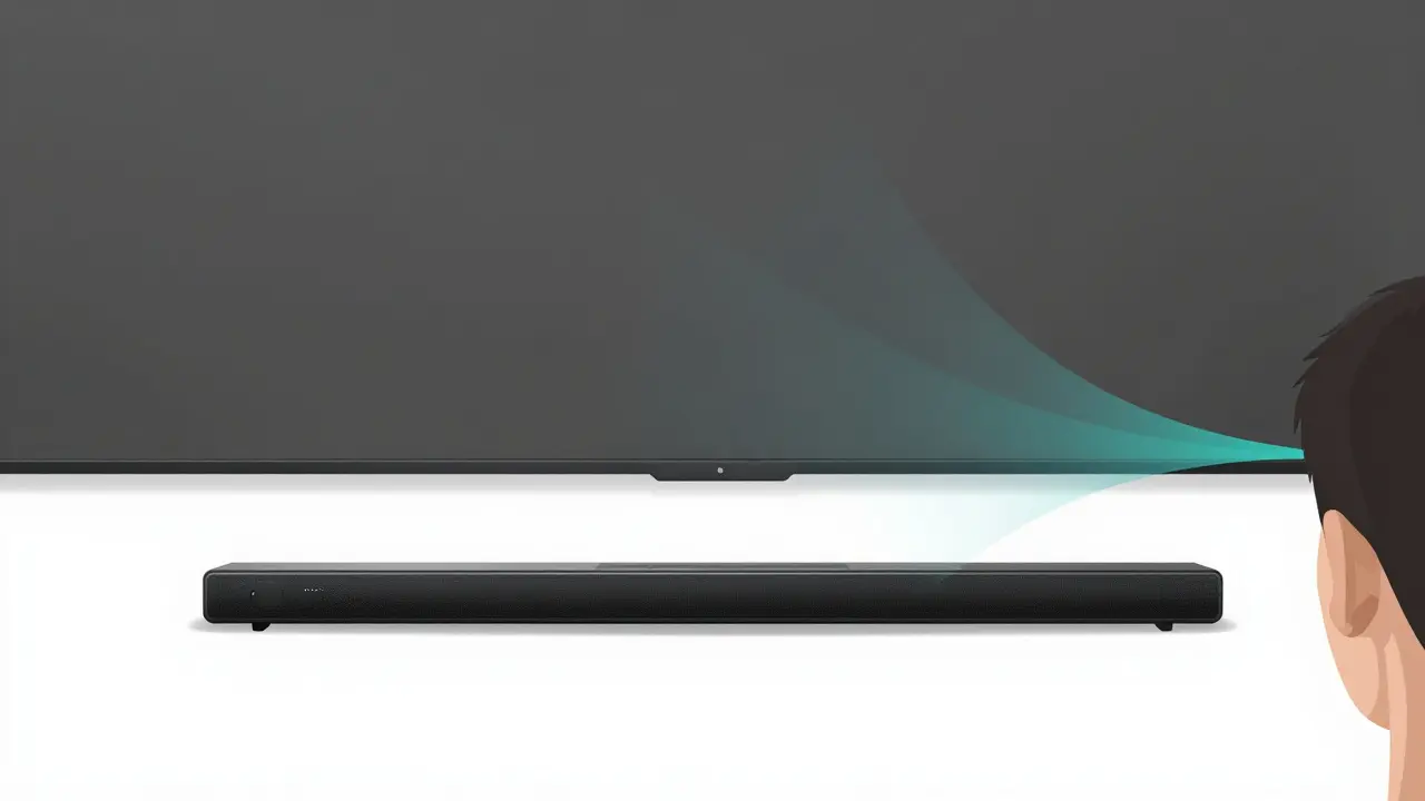 Side view of a soundbar bouncing audio waves off a ceiling to a listener