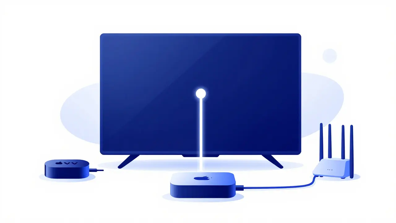 Simplified diagram of a 4K TV connected to a streaming box and a router via Ethernet.